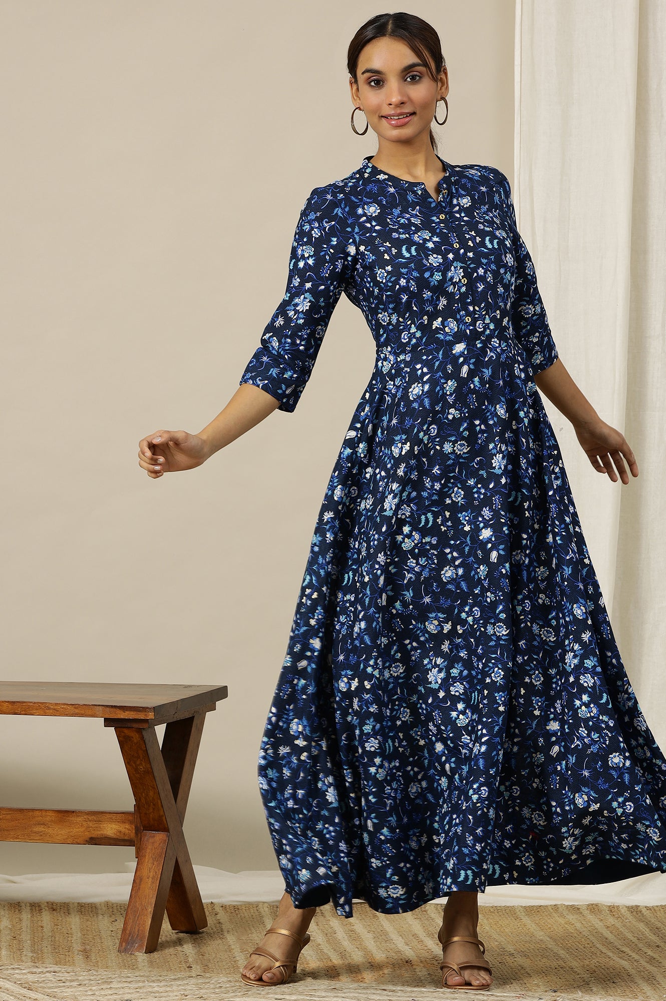 Ensign Blue Floral Printed Flared Pure Cotton Dress in Mandarin Collar