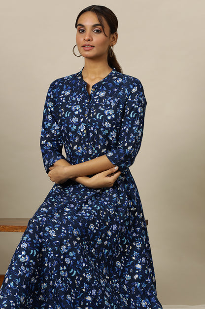 Ensign Blue Floral Printed Flared Pure Cotton Dress in Mandarin Collar