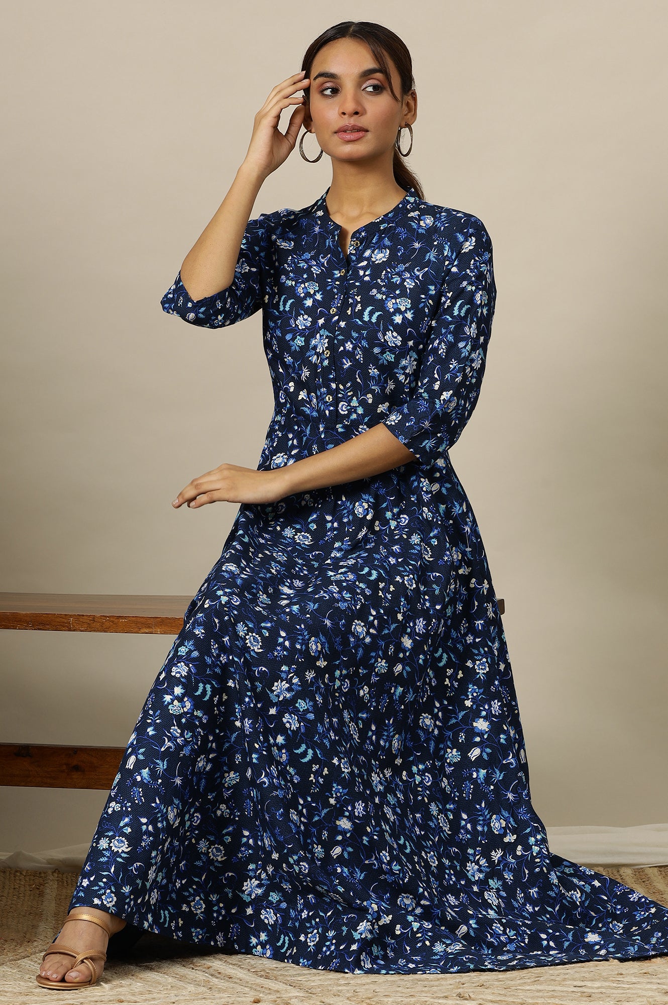 Ensign Blue Floral Printed Flared Pure Cotton Dress in Mandarin Collar