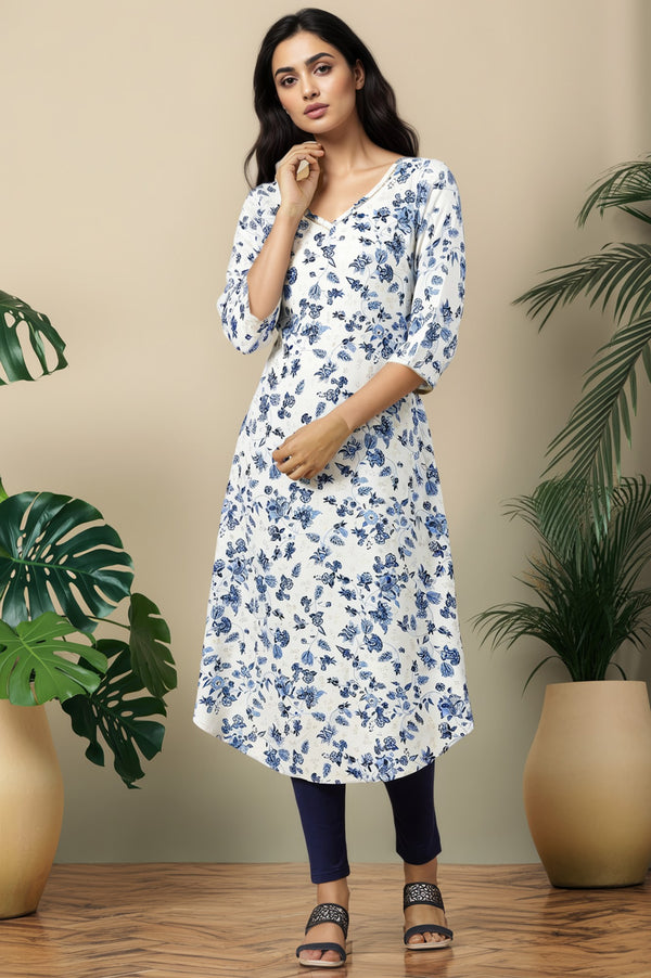 White Floral Printed Flared Kurta with Gold Piping