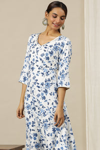White Floral Gold Piping Flared Rayon Kurta