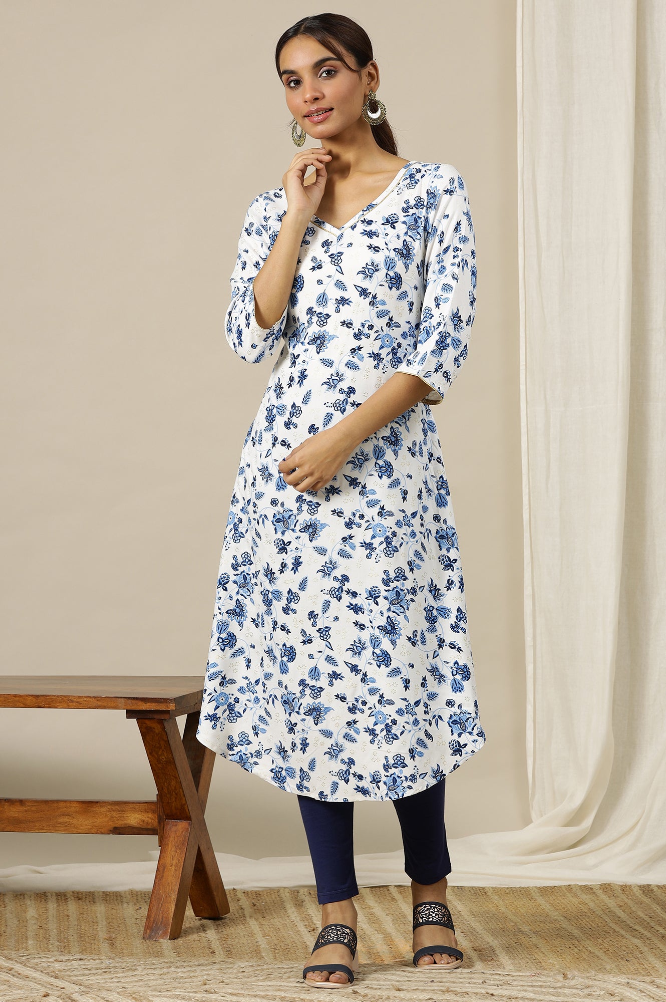 White Floral Printed Flared Kurta with Gold Piping