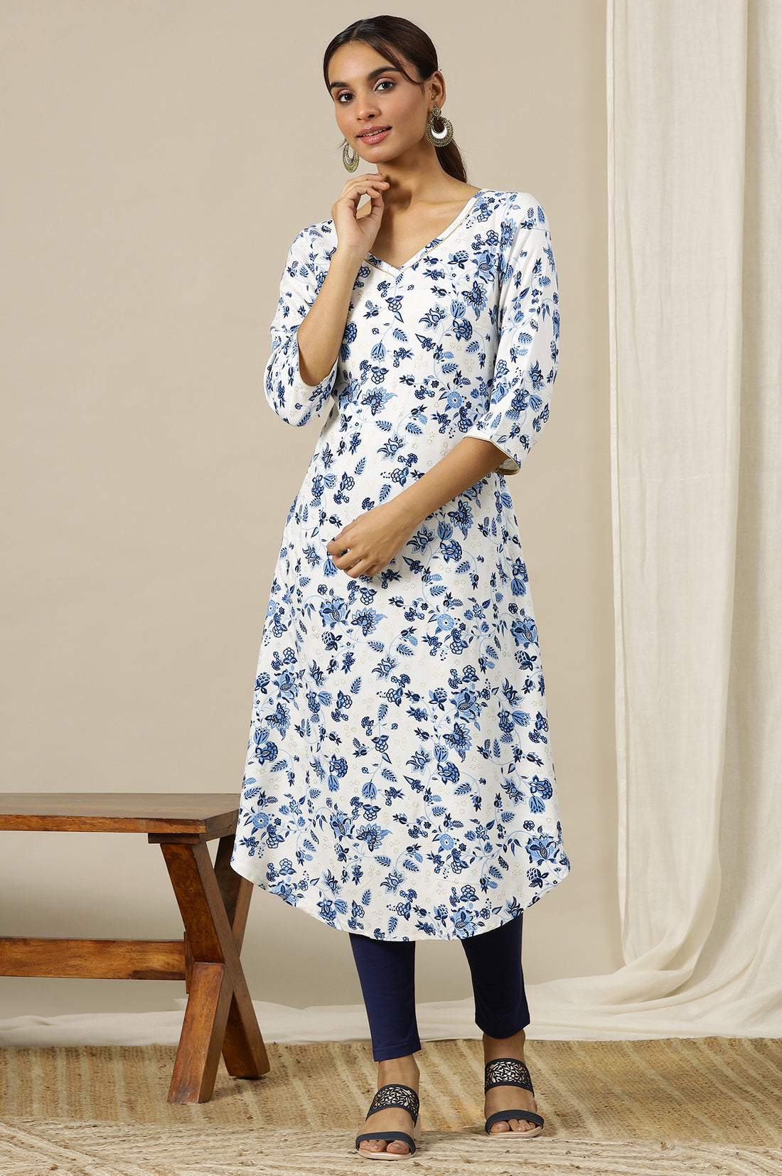 White Floral Gold Piping Flared Rayon Kurta