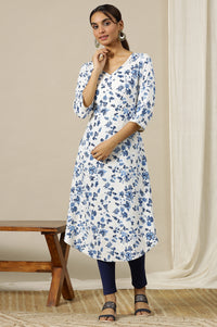 White Floral Gold Piping Flared Rayon Kurta