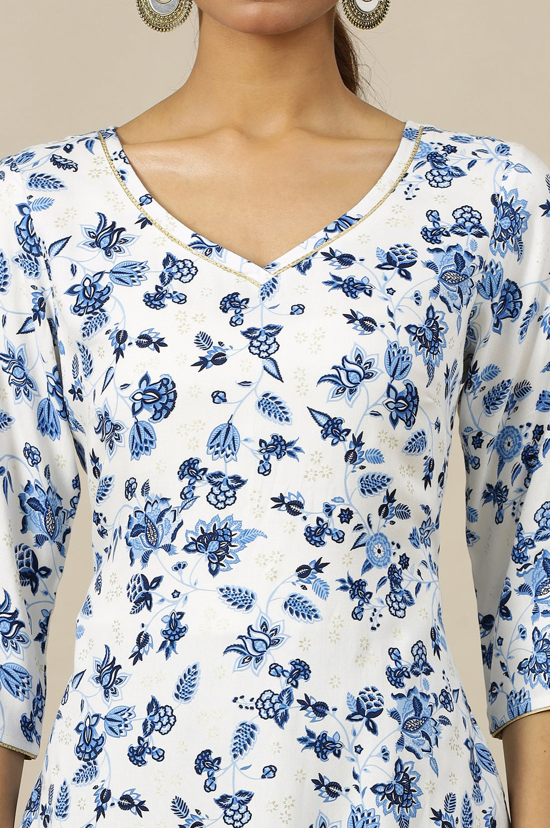 White Floral Printed Flared Kurta with Gold Piping