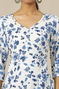 White Floral Gold Piping Flared Rayon Kurta