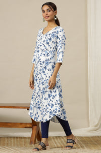 White Floral Gold Piping Flared Rayon Kurta