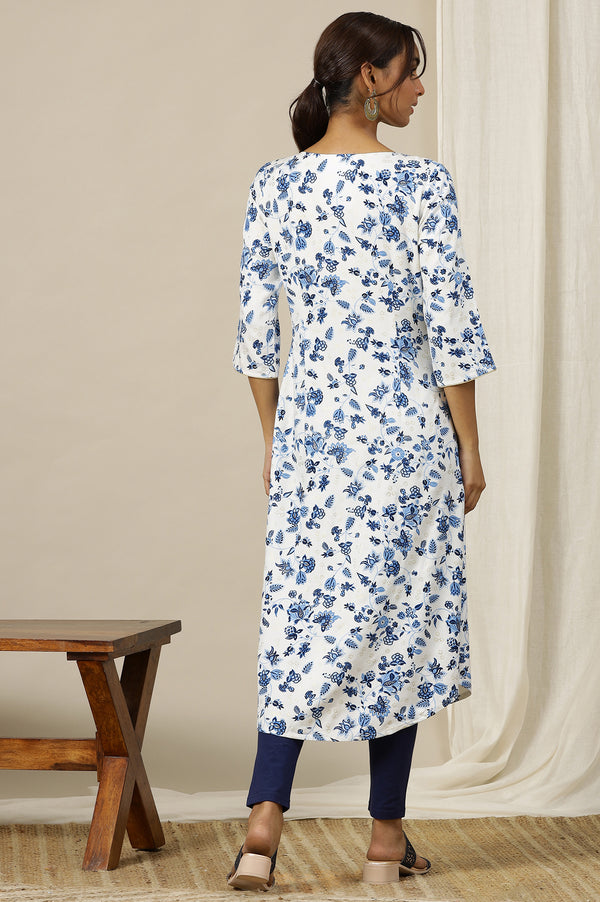 White Floral Gold Piping Flared Rayon Kurta