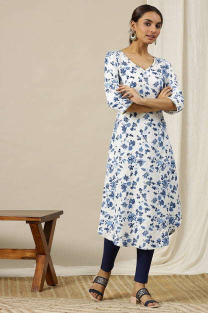 White Floral Printed Flared Kurta with Gold Piping