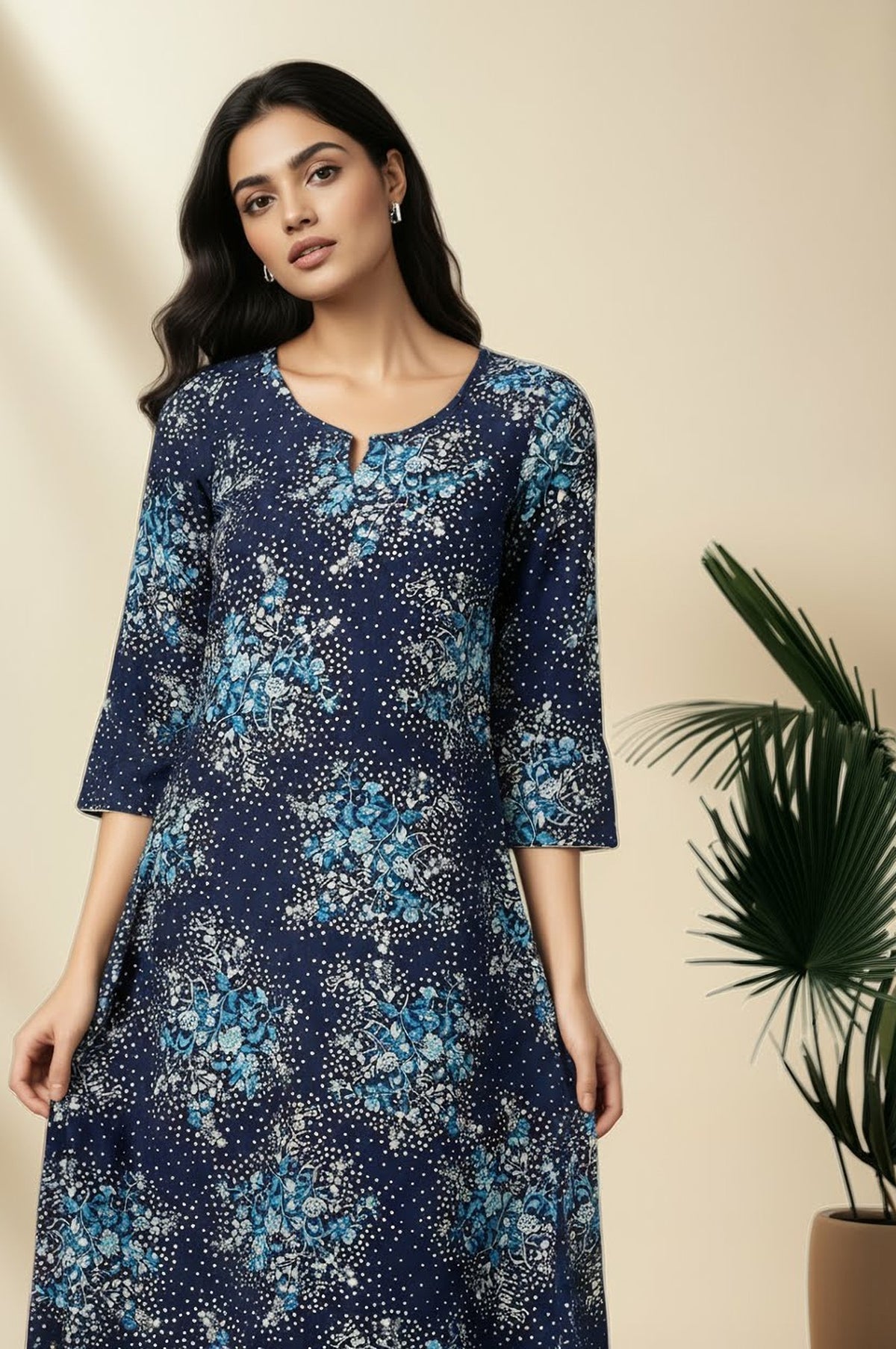 Blue Floral Printed Asymmetrical Kurta with Neck Metal Clasp - XS