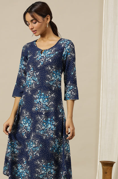 Blue Floral Printed Asymmetrical Kurta with Neck Metal Clasp