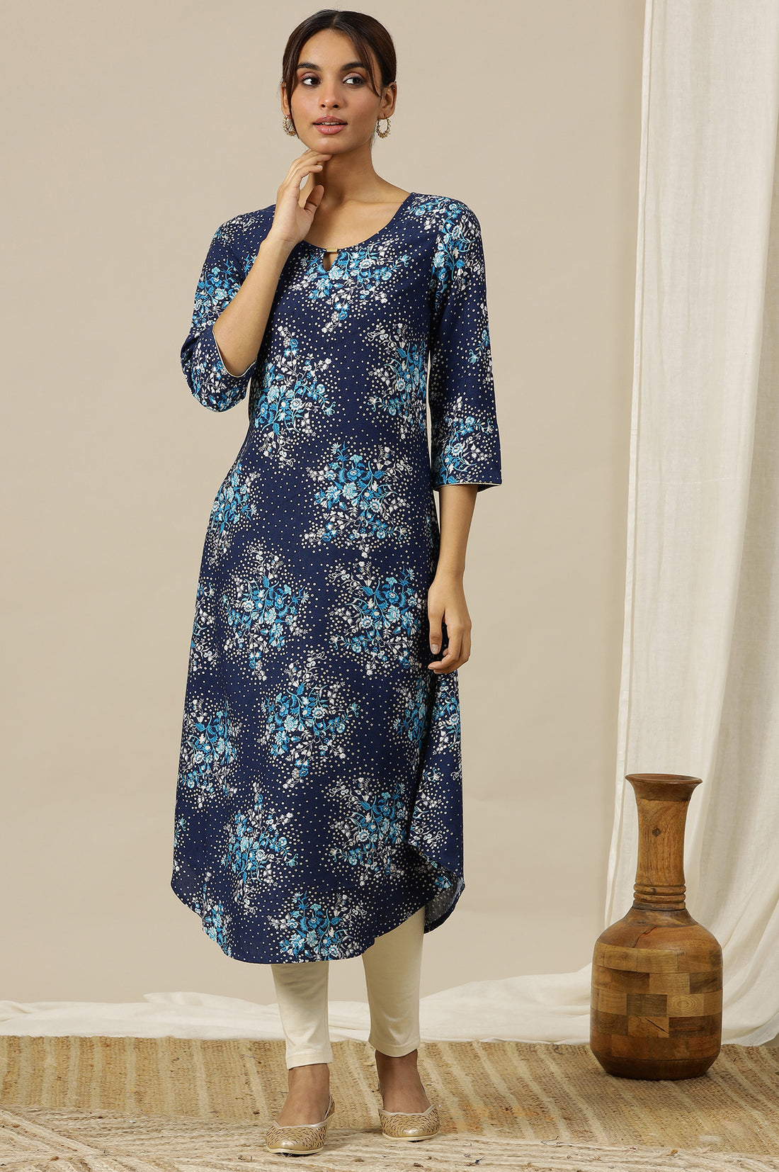 Blue Floral Metallic Hardware A Line Rayon Kurta