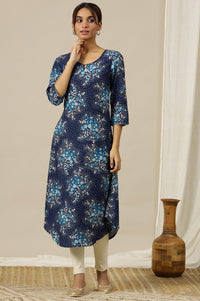 Blue Floral Metallic Hardware A Line Rayon Kurta