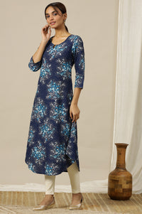Blue Floral Metallic Hardware A Line Rayon Kurta
