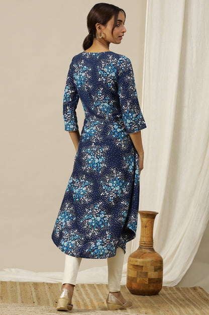 Blue Floral Printed Asymmetrical Kurta with Neck Metal Clasp