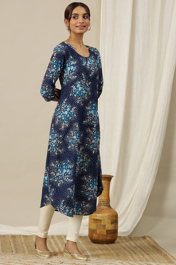 Blue Floral Printed Asymmetrical Kurta with Neck Metal Clasp