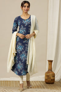 Blue Floral Metallic Hardware A Line Rayon Kurta