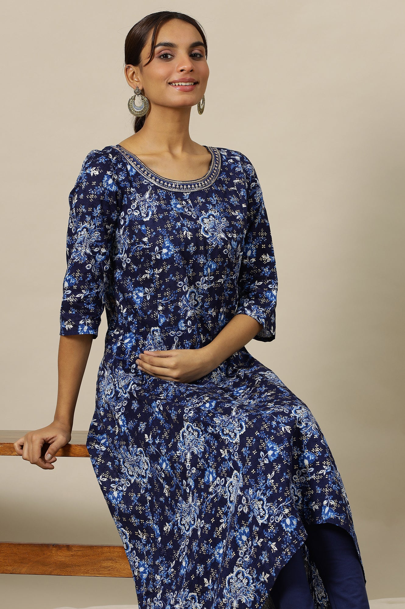 Blue Floral Printed Pure Cotton Flared Kurta with Zari Neckline