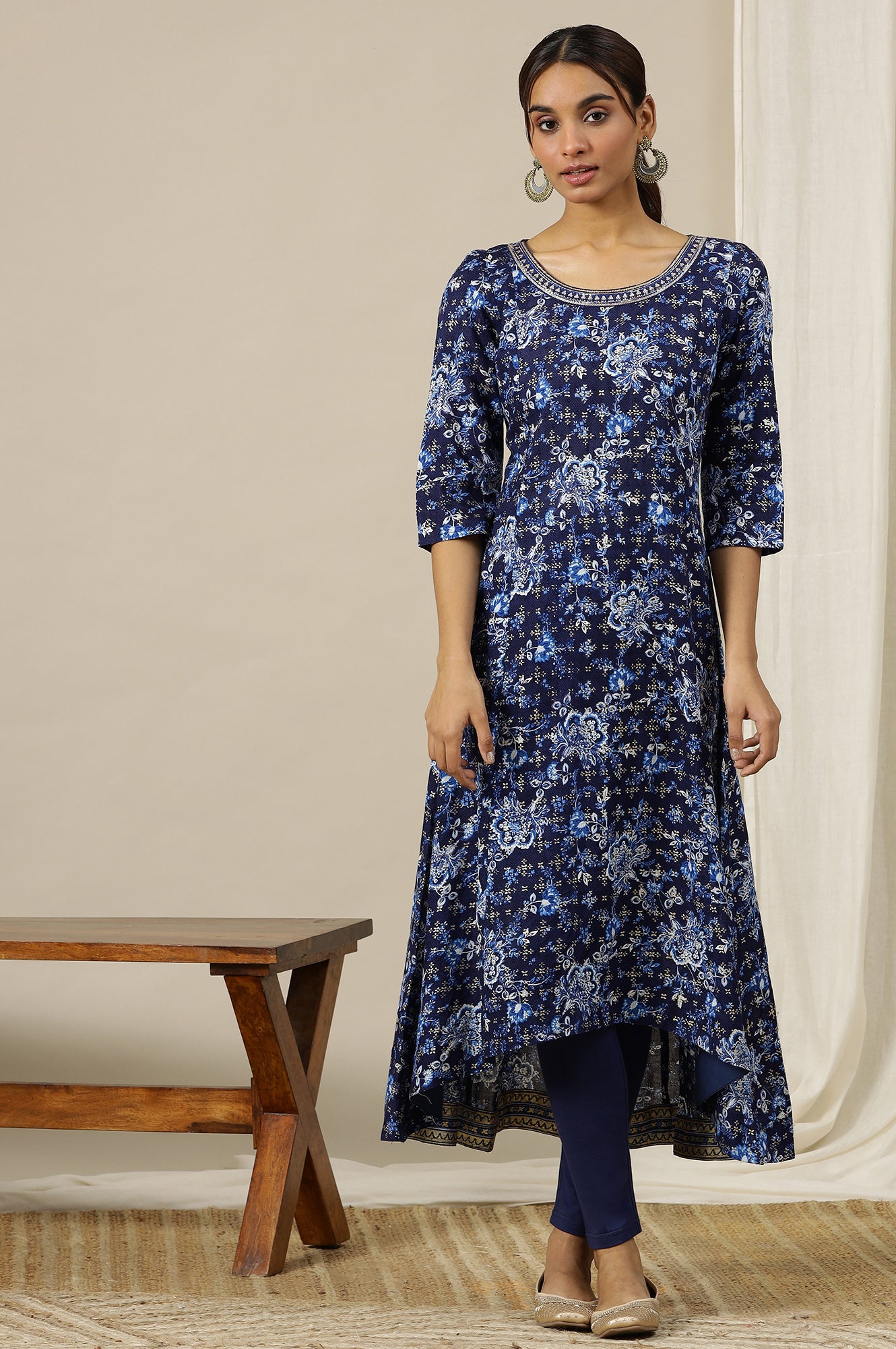 Blue Floral Printed Pure Cotton Flared Kurta with Zari Neckline