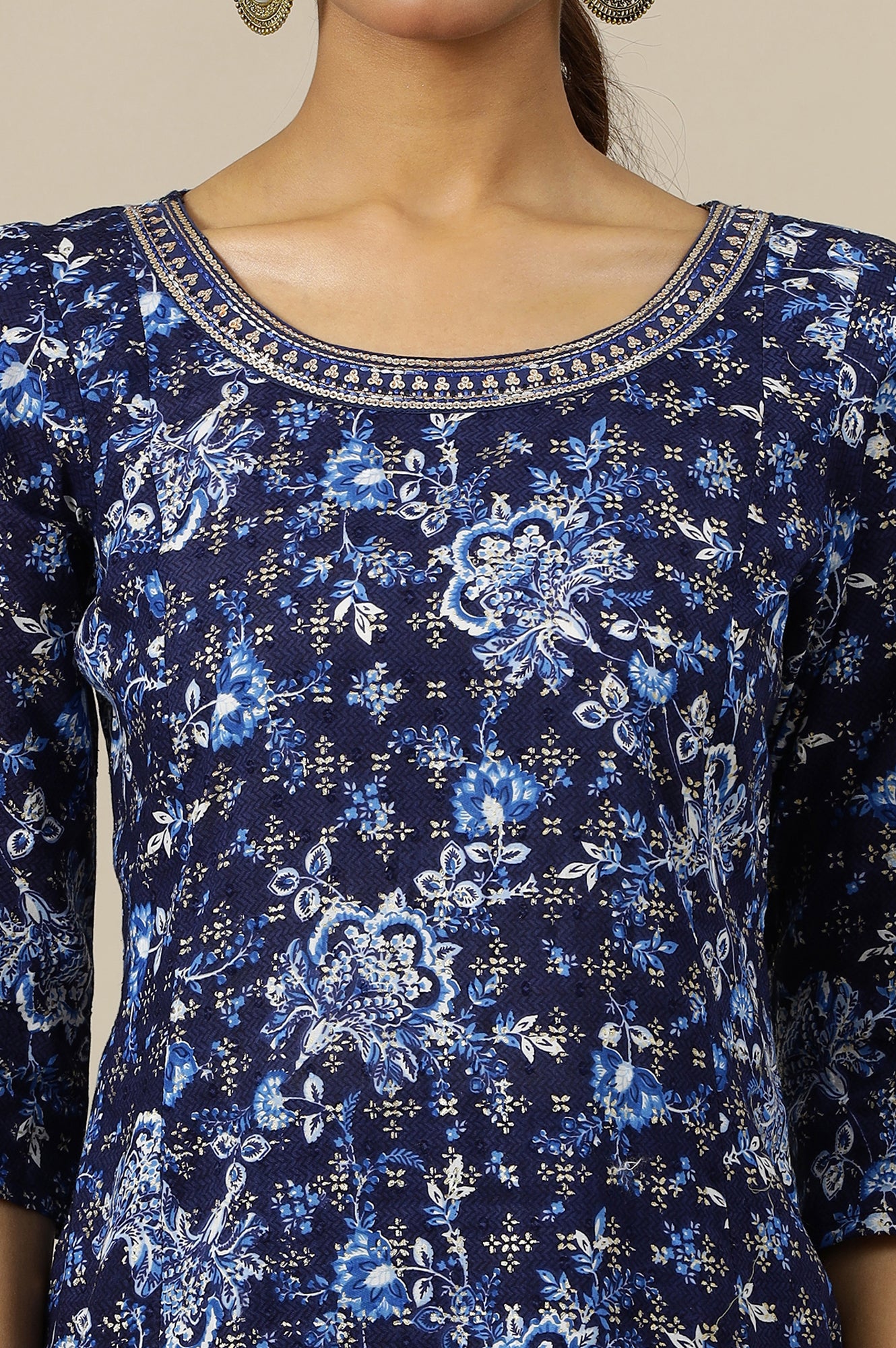 Blue Floral Printed Pure Cotton Flared Kurta with Zari Neckline