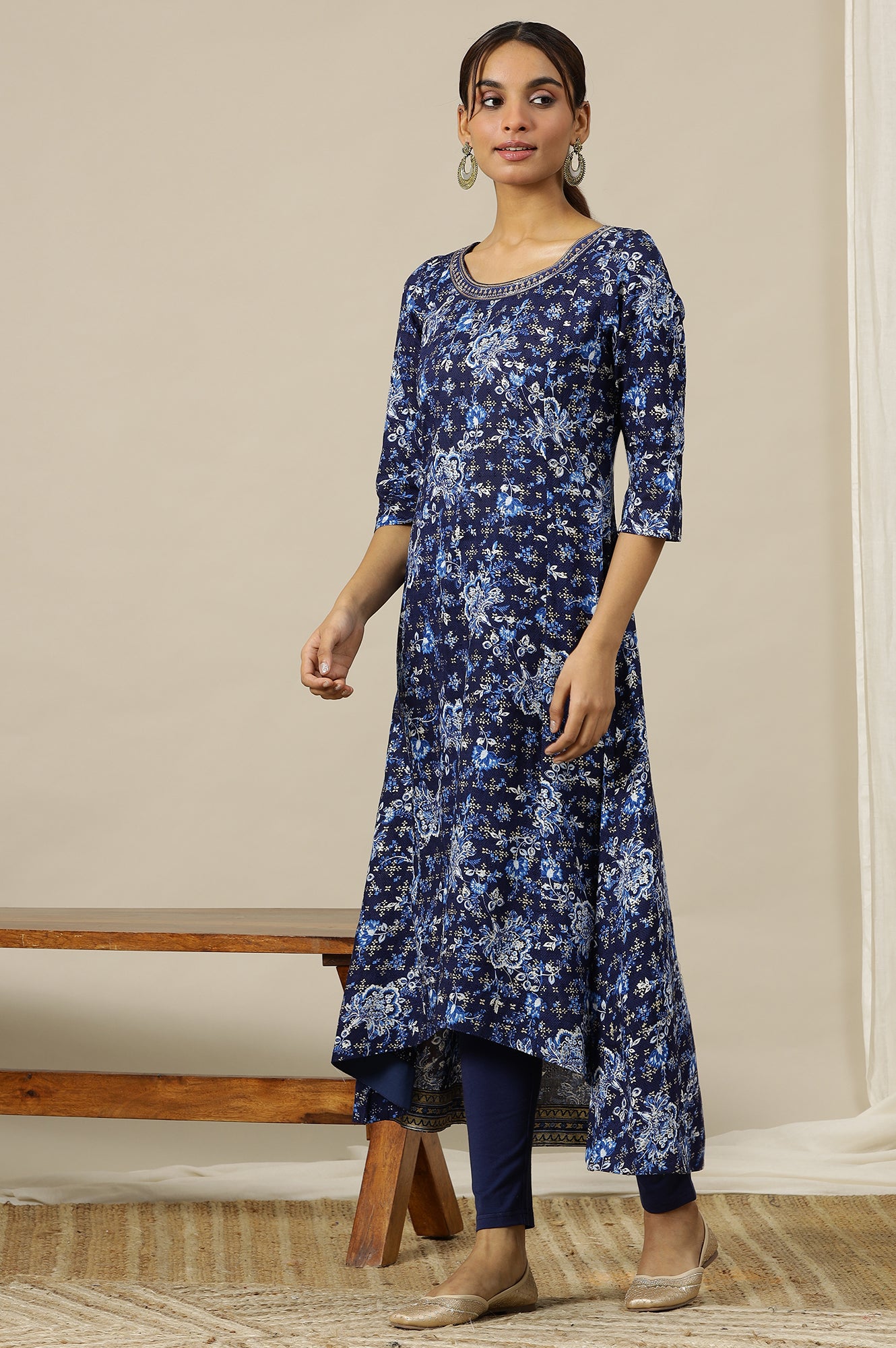 Blue Floral Printed Pure Cotton Flared Kurta with Zari Neckline