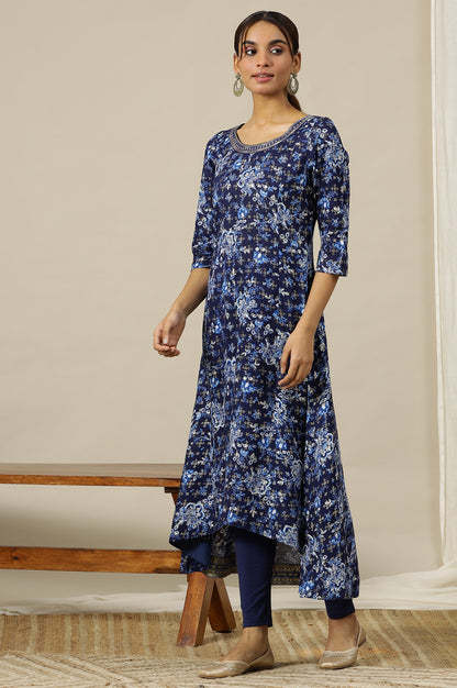 Blue Floral Printed Pure Cotton Flared Kurta with Zari Neckline