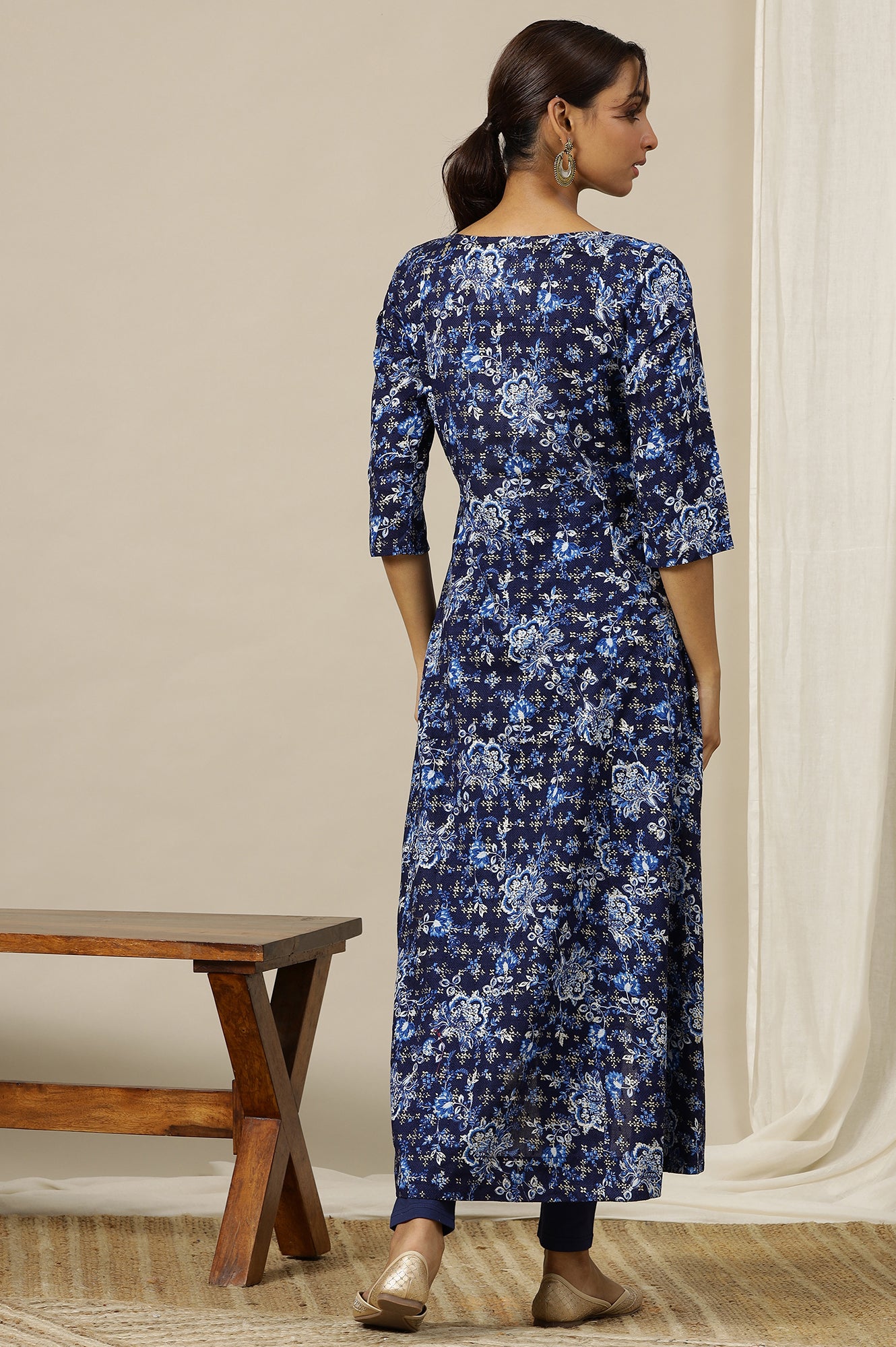 Blue Floral Printed Pure Cotton Flared Kurta with Zari Neckline