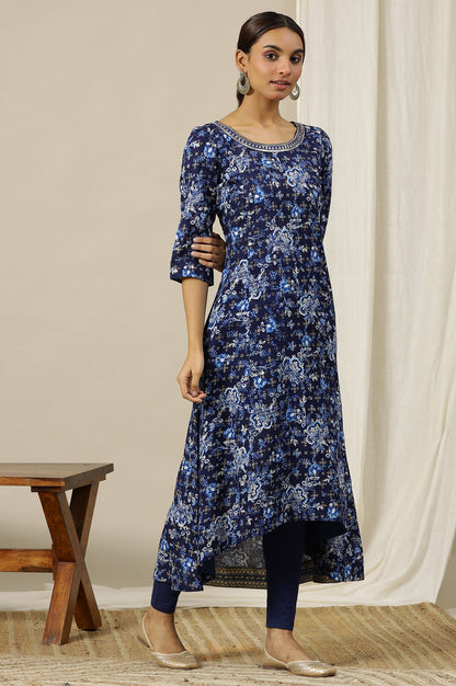 Blue Floral Printed Pure Cotton Flared Kurta with Zari Neckline