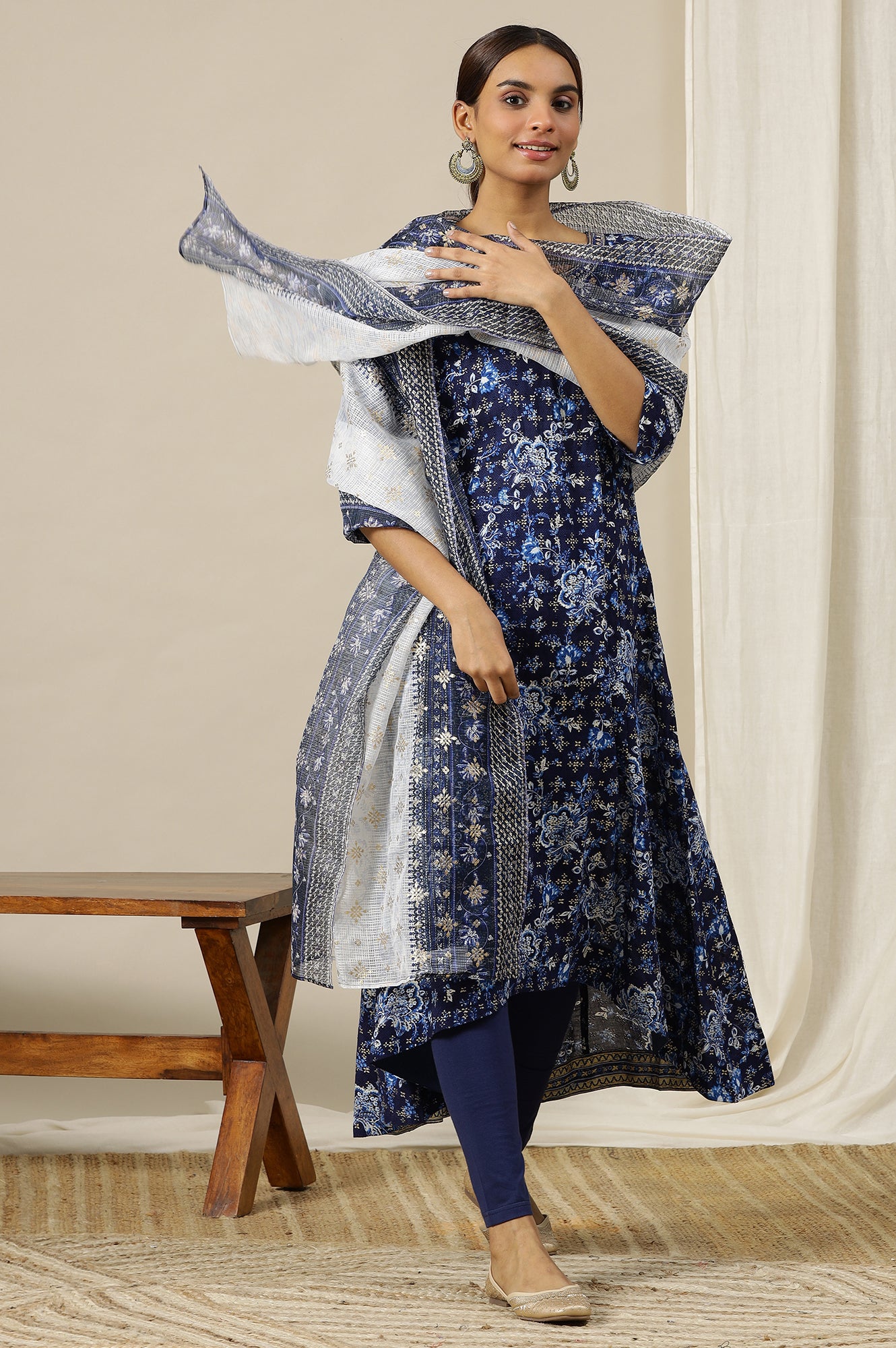 Blue Floral Printed Pure Cotton Flared Kurta with Zari Neckline