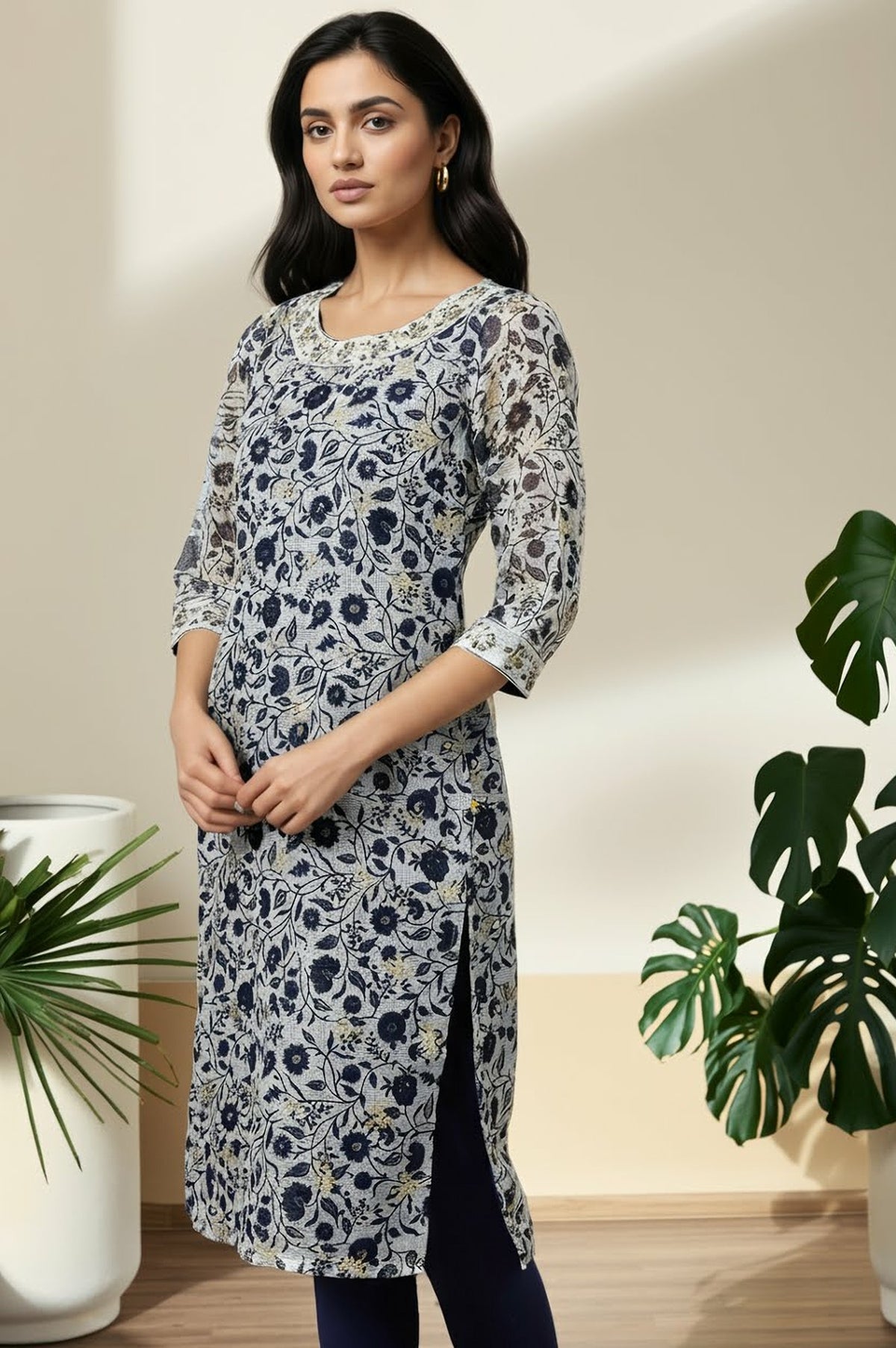 Light Blue Floral Printed Sheer Kota Straight Kurta - S