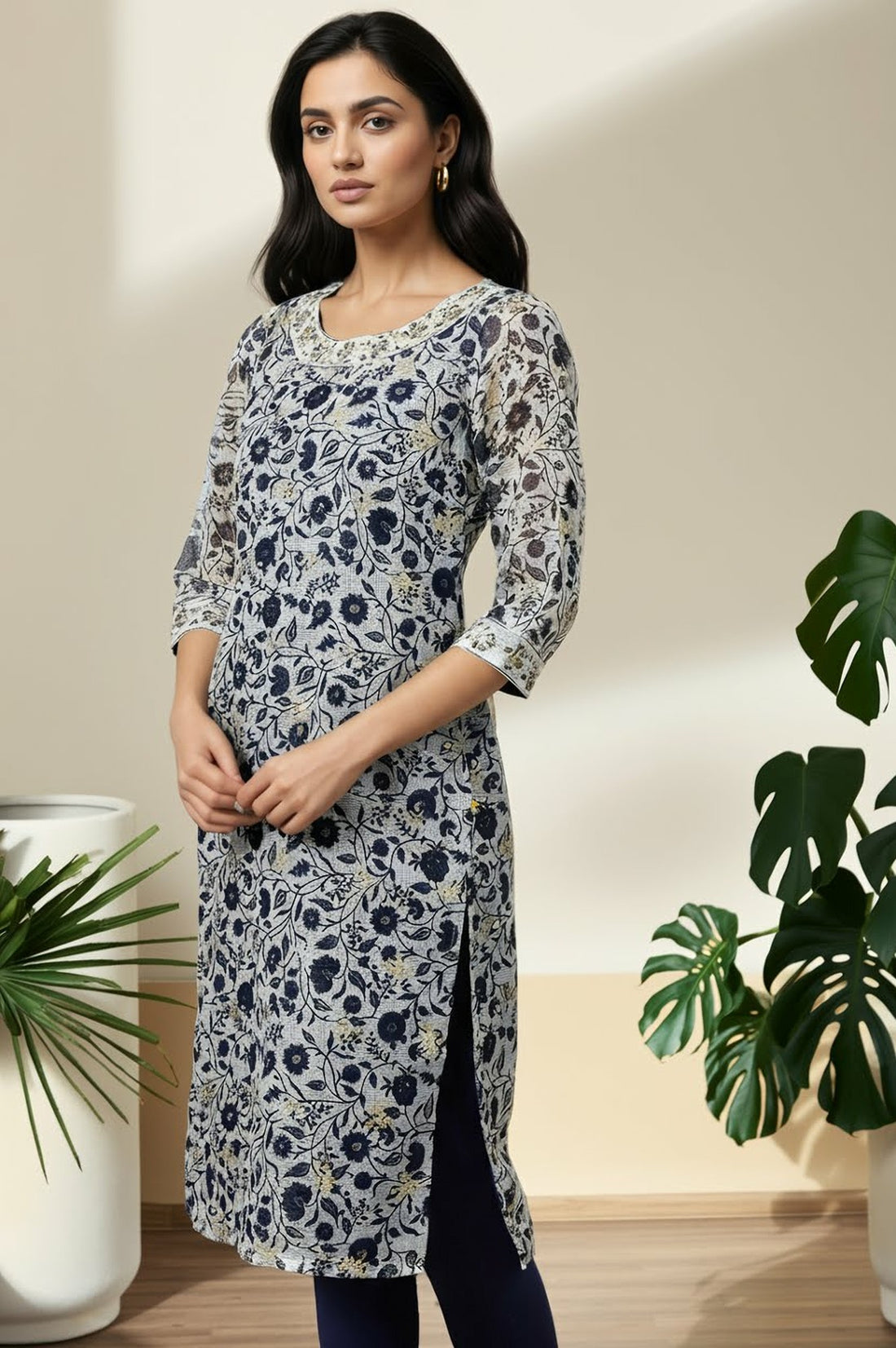 Light Blue Floral Printed Sheer Kota Straight Kurta