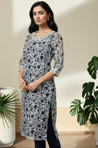 Light Blue Floral Printed Sheer Kota Straight Kurta