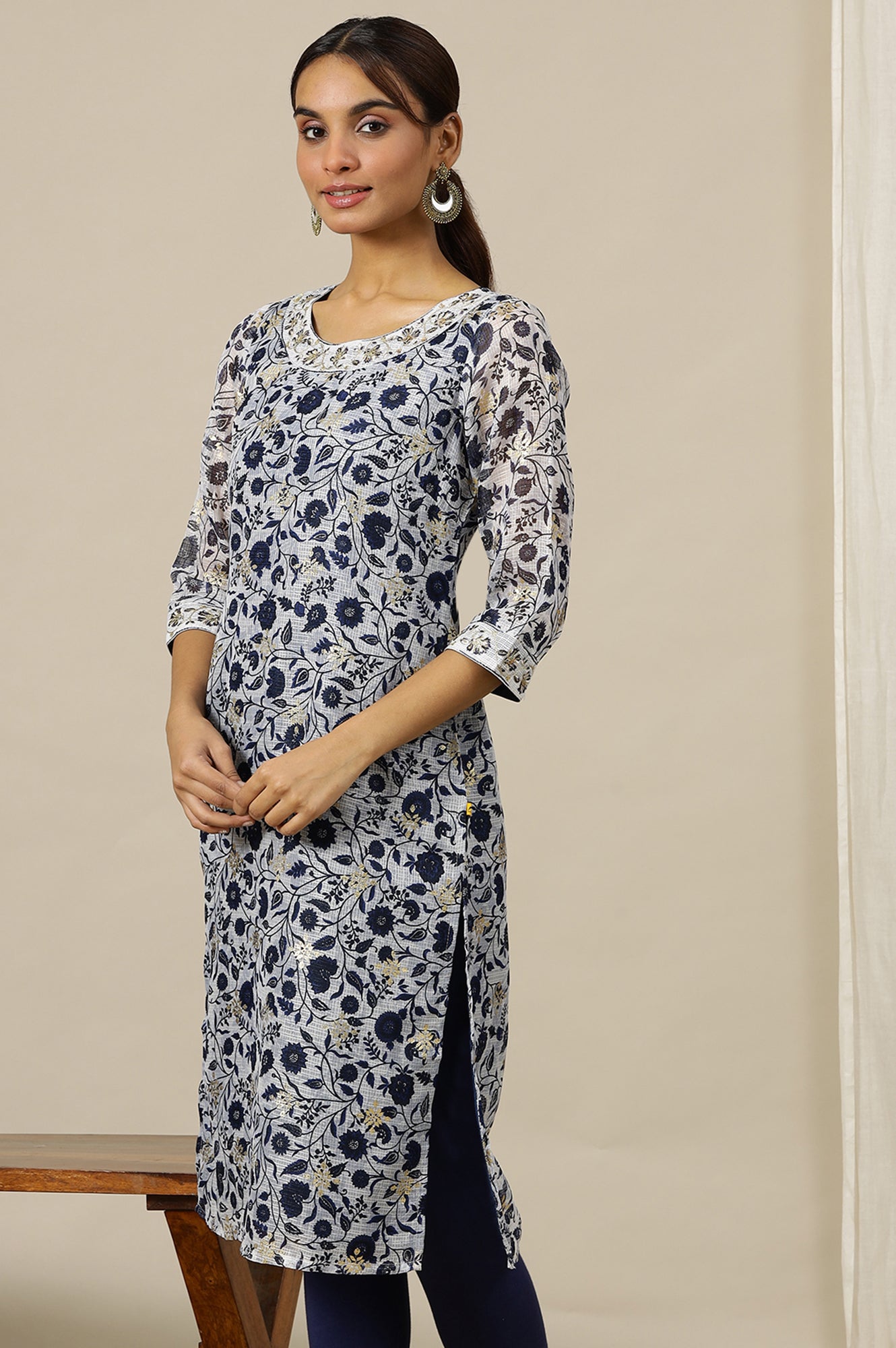 Light Blue Floral Printed Sheer Kota Straight Kurta 