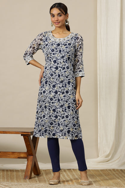 Light Blue Floral Printed Sheer Kota Straight Kurta