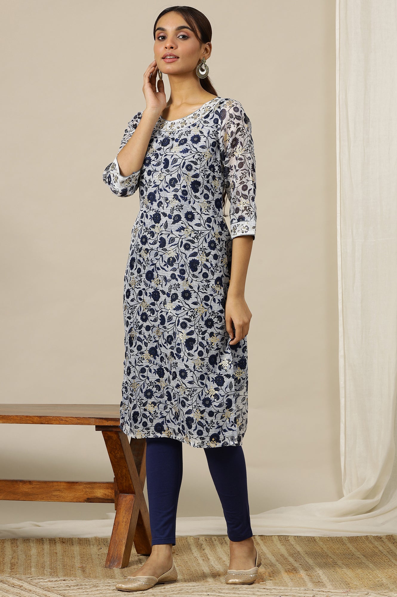 Light Blue Floral Printed Sheer Kota Straight Kurta