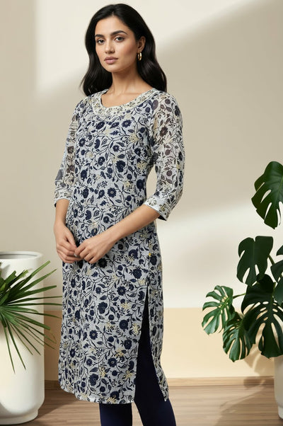 Light Blue Floral Printed Sheer Kota Straight Kurta