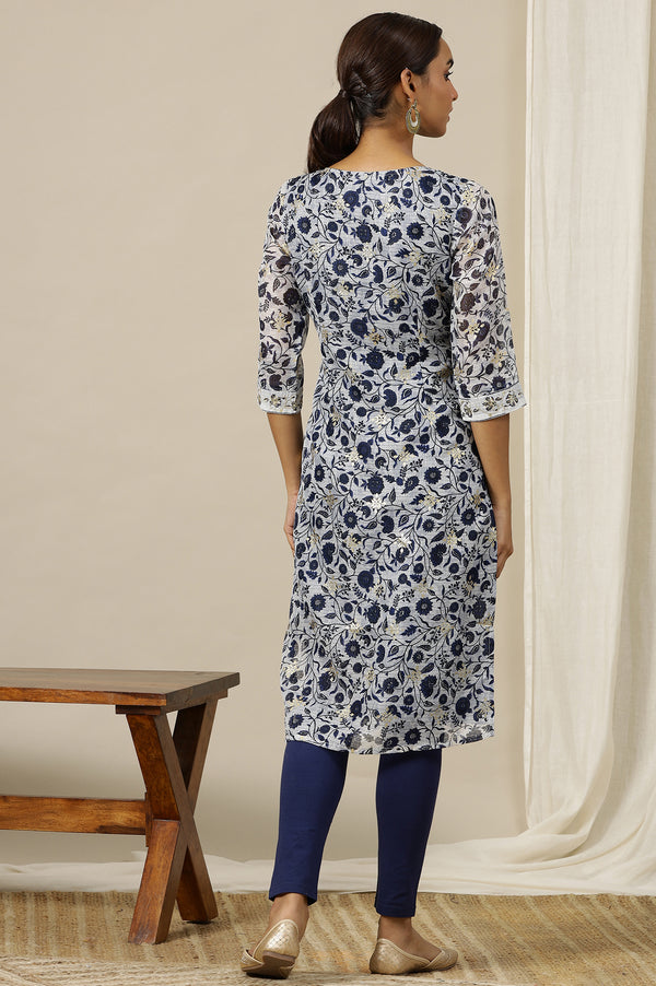 Blue Floral Zari Straight Kota Kurta