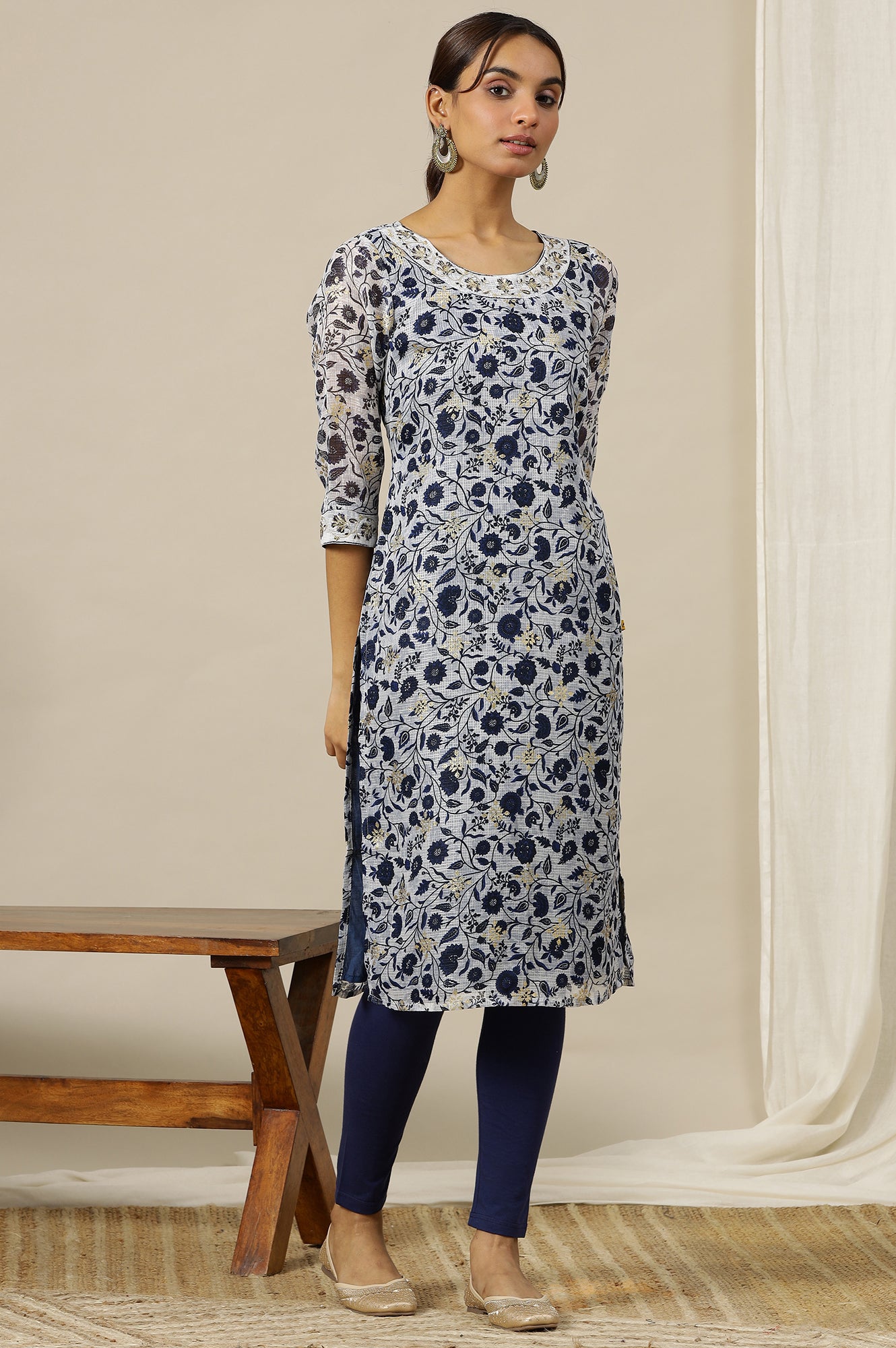 Light Blue Floral Printed Sheer Kota Straight Kurta