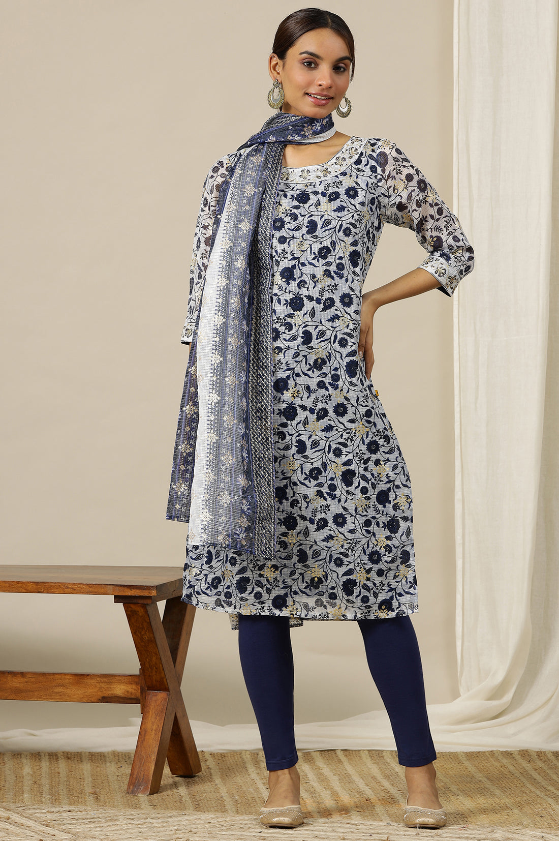 Light Blue Floral Printed Sheer Kota Straight Kurta