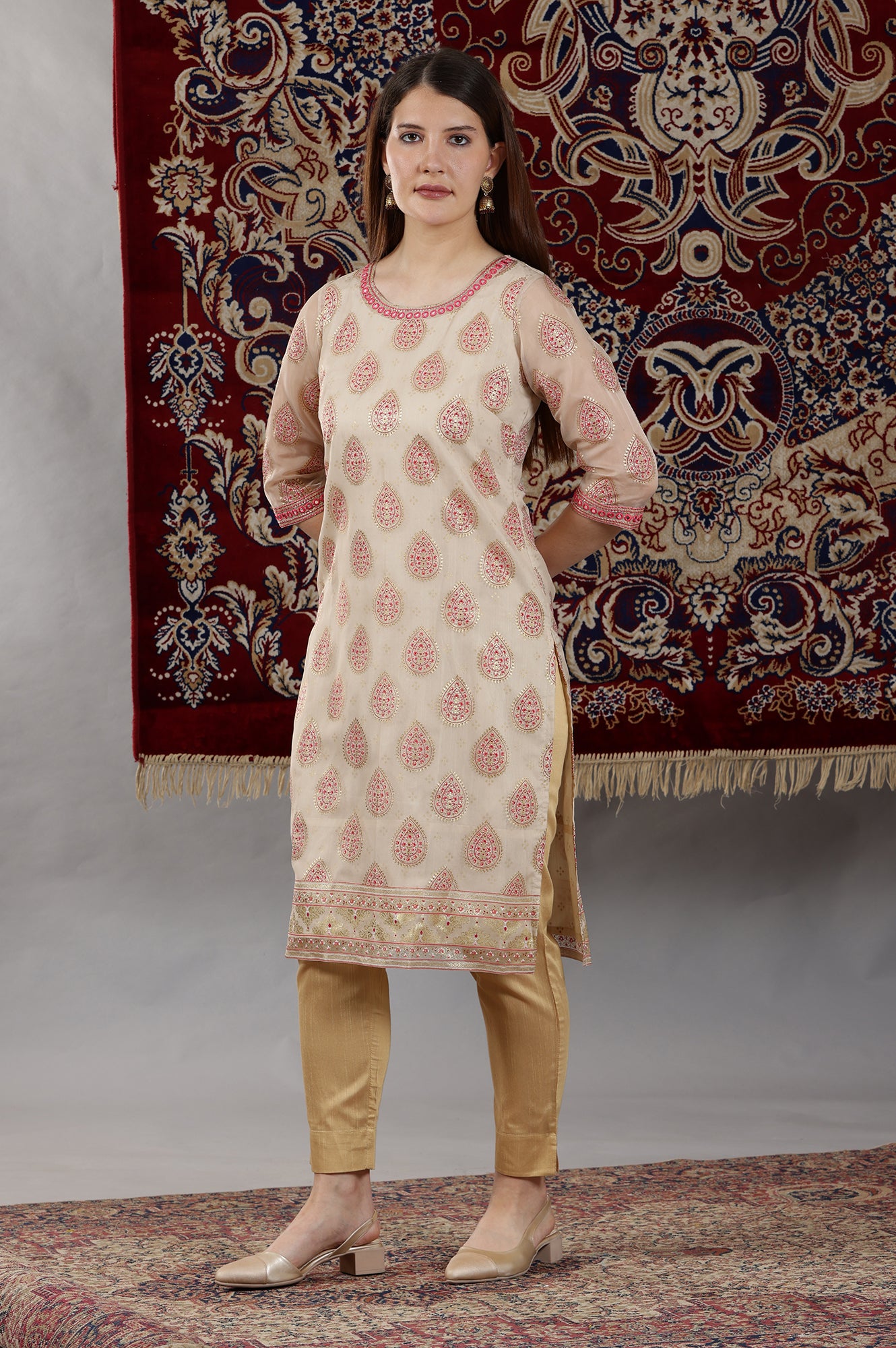 Cream Abstract Printed Organza Sheer Straight Kurta with Mirror Embroidered Neck