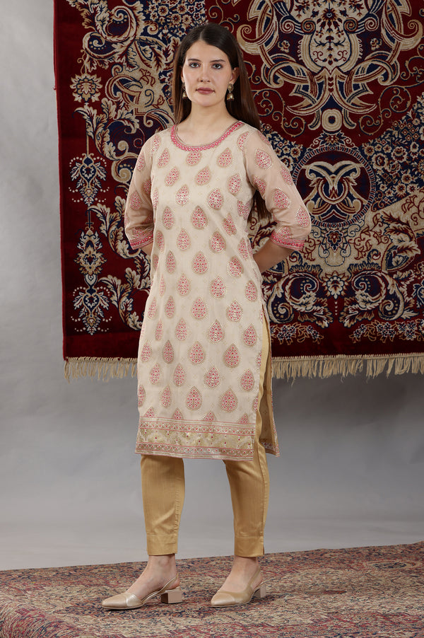 Cream Abstract Print Mirror Embroidered Straight Organza Kurta