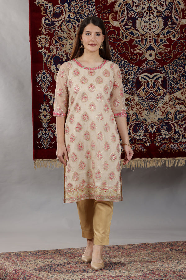 Cream Abstract Print Mirror Embroidered Straight Organza Kurta