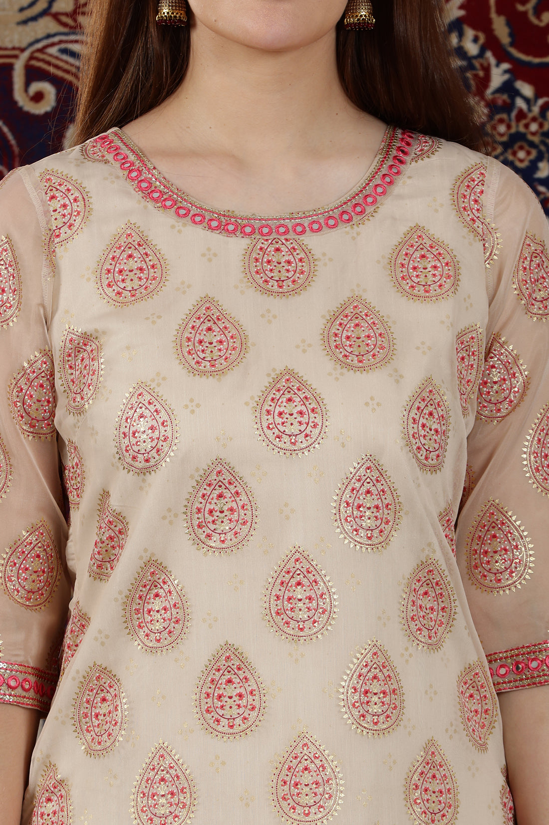 Cream Abstract Print Mirror Embroidered Straight Organza Kurta