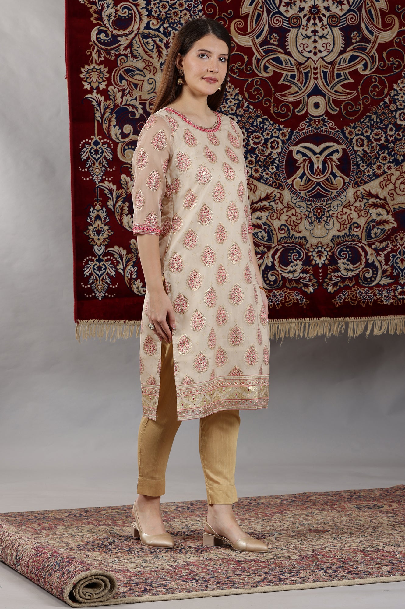 Cream Abstract Printed Organza Sheer Straight Kurta with Mirror Embroidered Neck