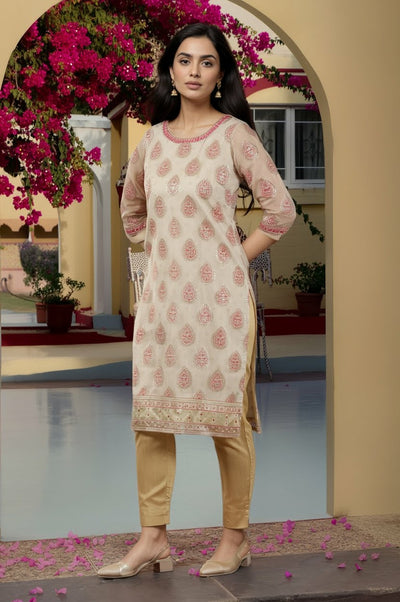 Cream Abstract Printed Organza Sheer Straight Kurta with Mirror Embroidered Neck
