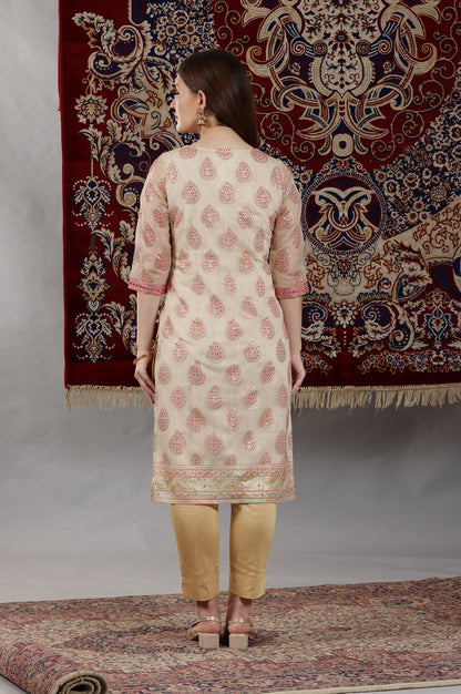 Cream Abstract Printed Organza Sheer Straight Kurta with Mirror Embroidered Neck