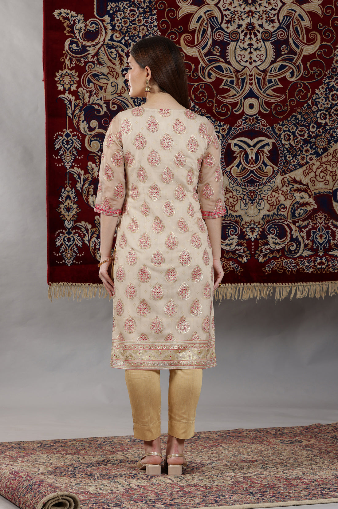 Cream Abstract Print Mirror Embroidered Straight Organza Kurta