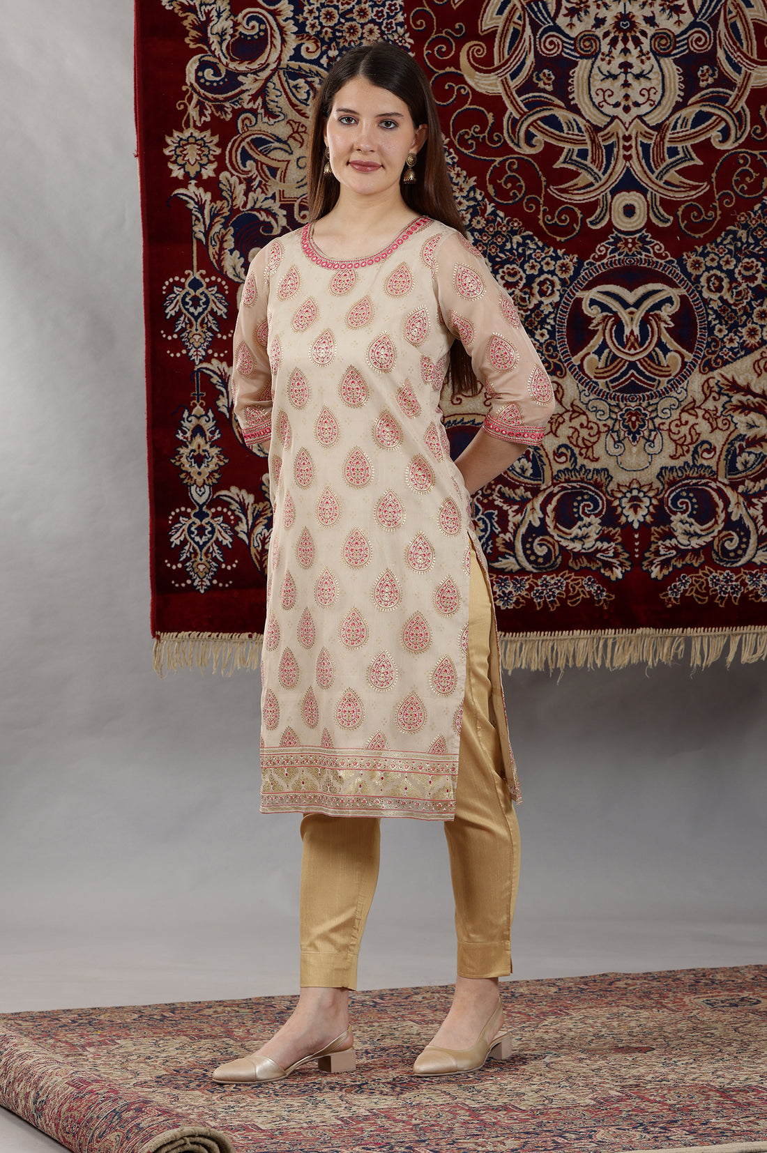 Cream Abstract Print Mirror Embroidered Straight Organza Kurta
