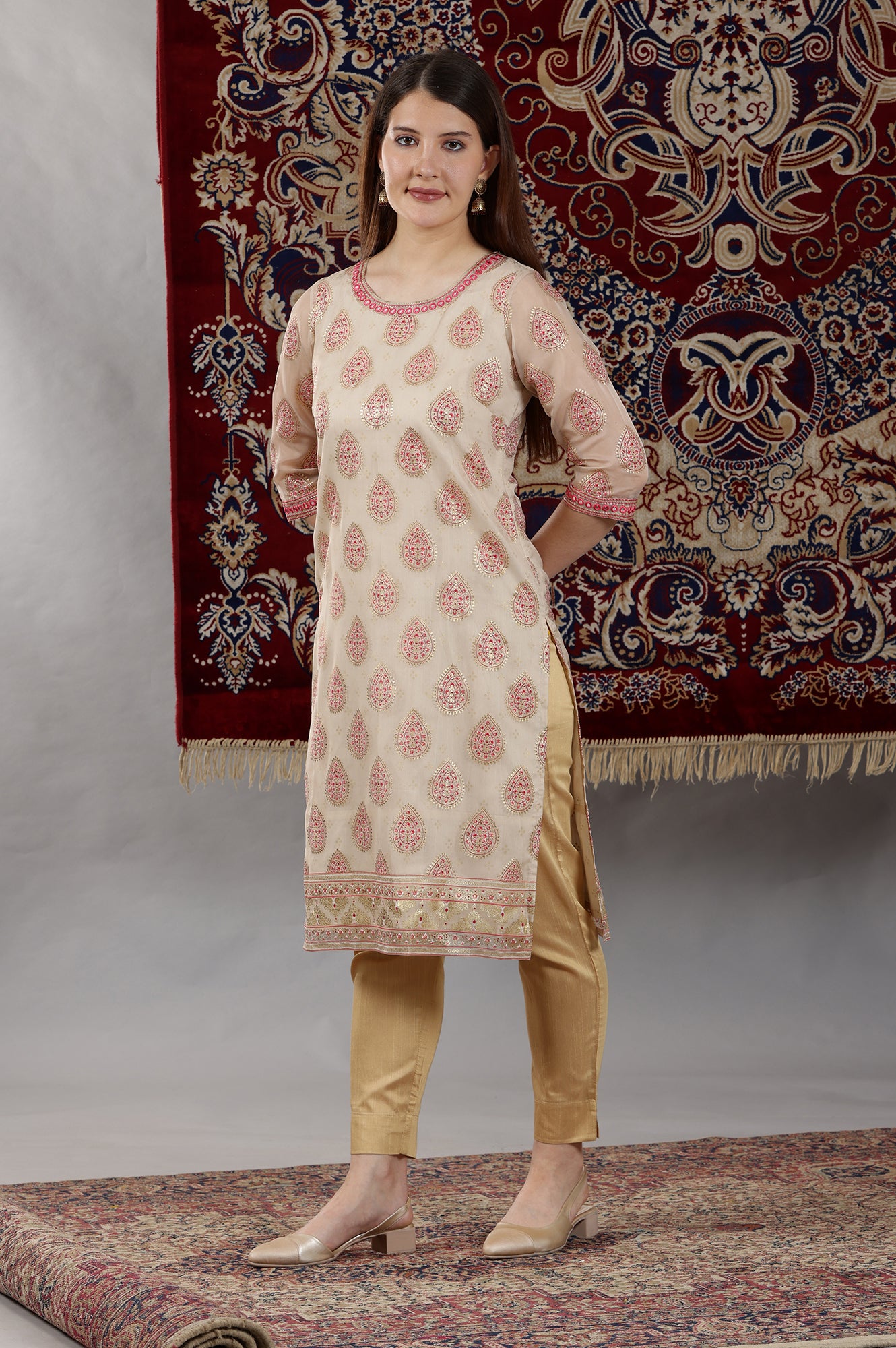 Cream Abstract Print Mirror Embroidered Straight Organza Kurta