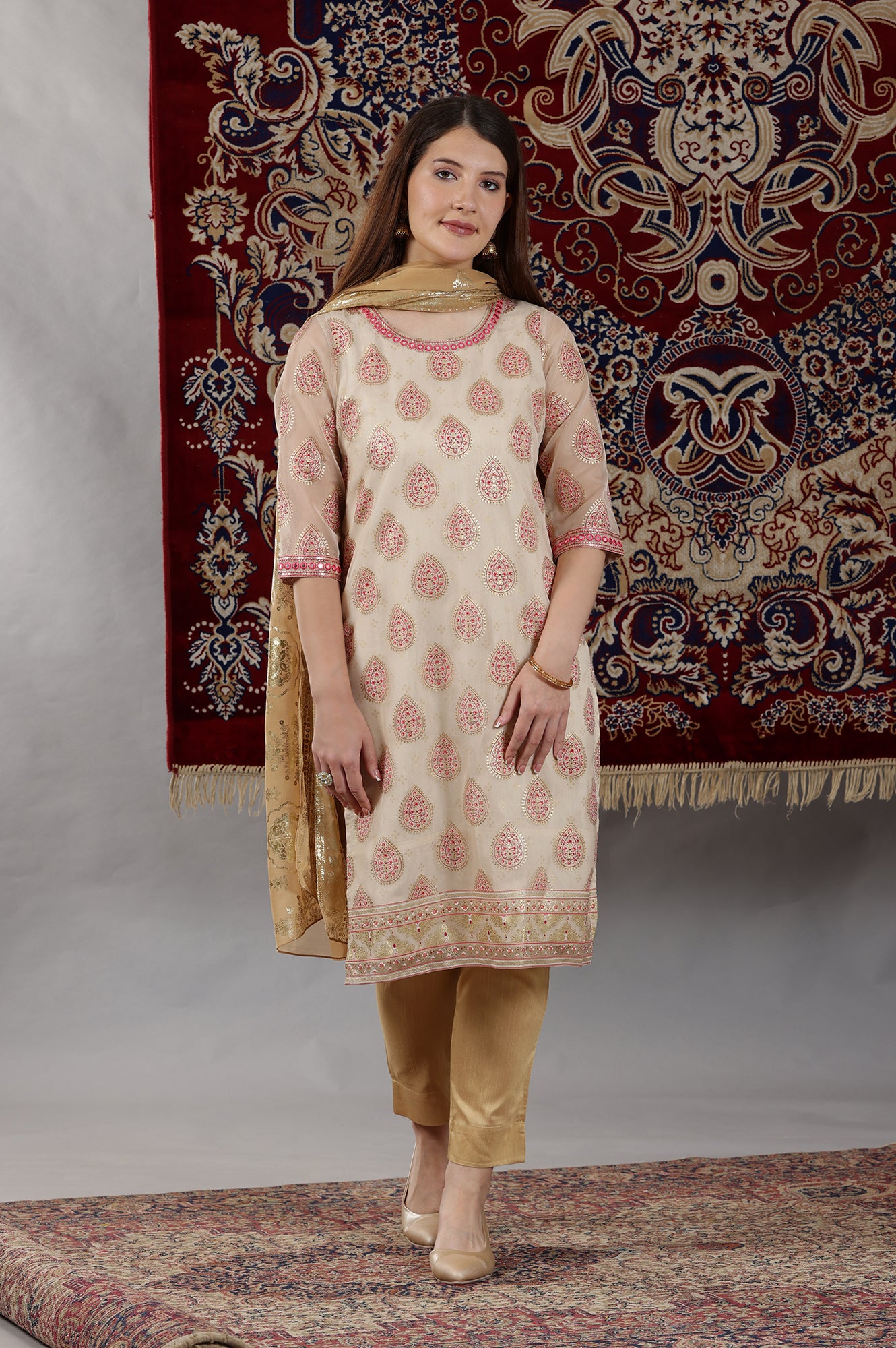 Cream Abstract Printed Organza Sheer Straight Kurta with Mirror Embroidered Neck